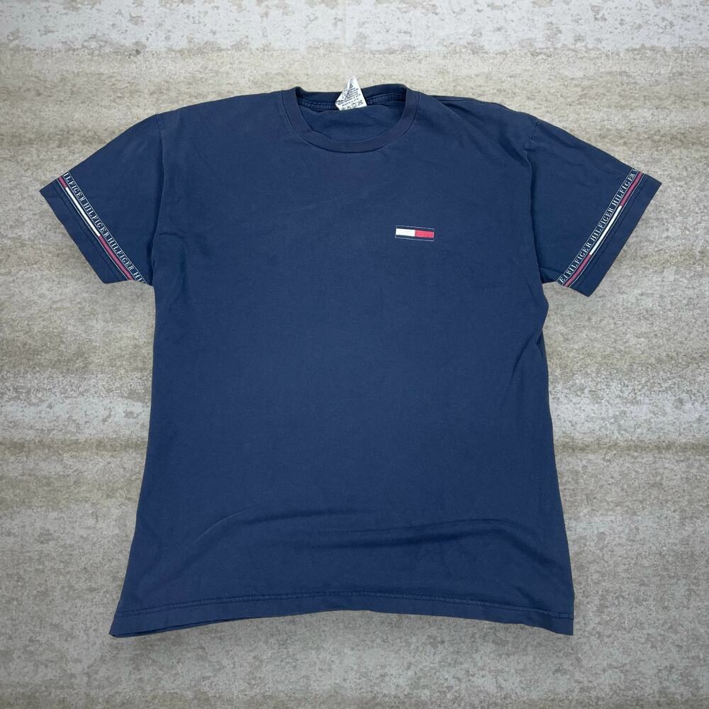 Vintage 90s Tommy Hilfiger Shirt Mens M Navy Blue Cotton Short Sleeve